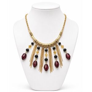 Erica Lyons Gold Tone Fringe Statement Bib Necklace Burgundy Black NWT
